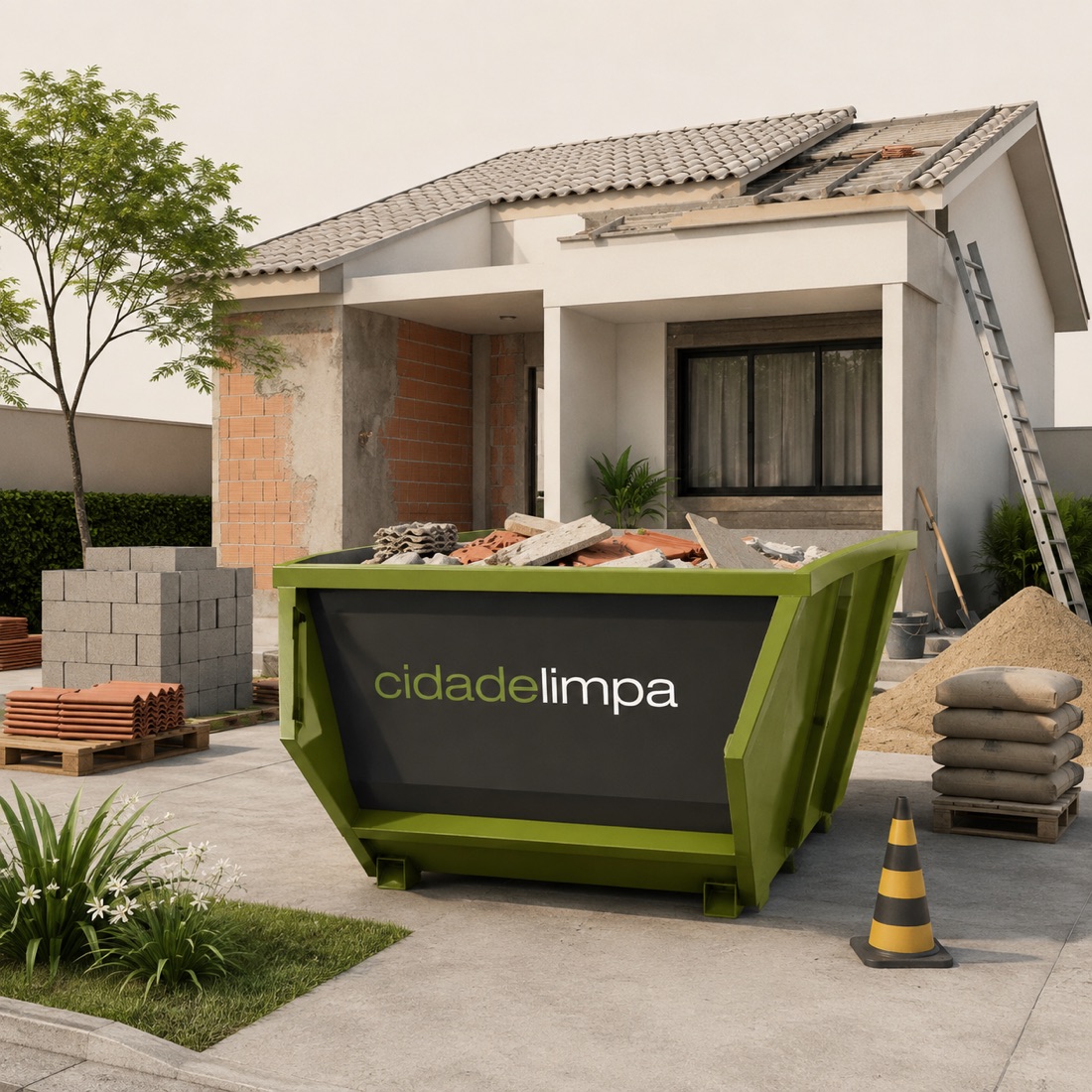 Caçamba verde Cidade Limpa em uma obra residencial